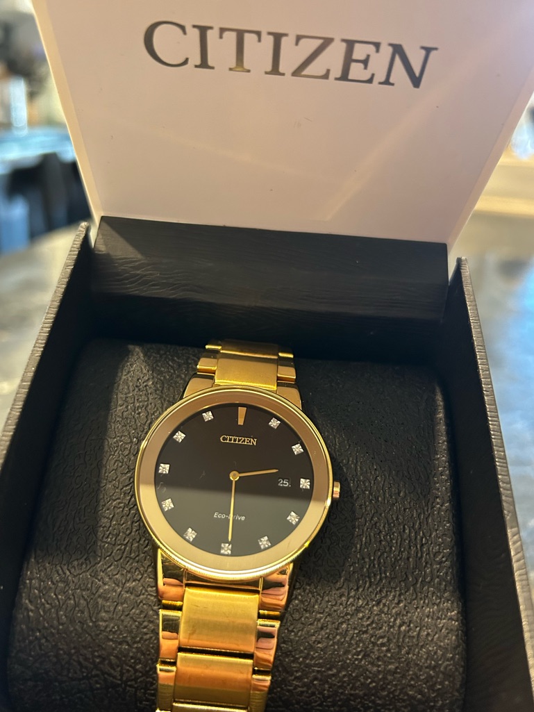 Citizen GoldTone Bracelet Watch With Black Dial And Crystal Markers